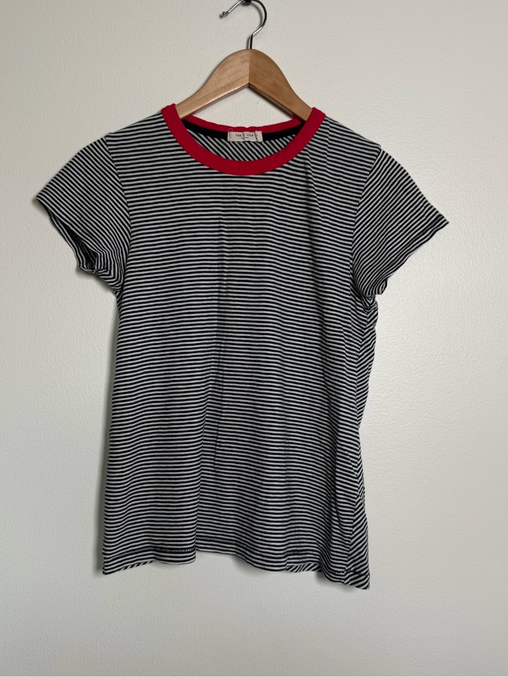rag & bone Black and White Striped Tee with Red Neckline